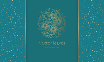 Gold and green emblem with flower and leaves. Can be used for jewelry, beauty and fashion industry. Great for logo, monogram, invitation, flyer, menu, background, or any desired idea.