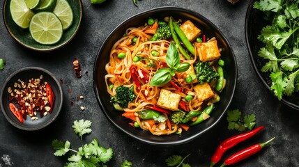 An overhead view of a traditional Thai noodle dish with mixed vegetables, tofu, and a savory sauce, served with a side of fresh herbs and sliced chilies.