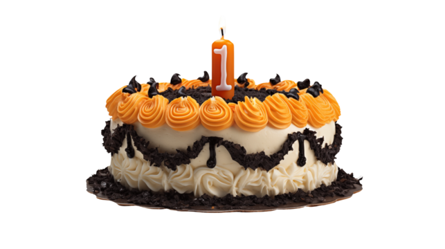 Decorated birthday cake with orange frosting and a candle on a black background view isolated on transparent background