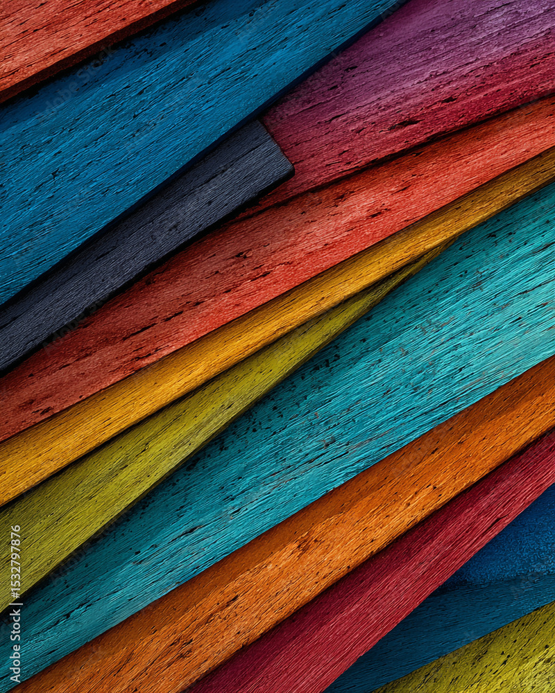 Aufkleber a vibrant display of colorful wooden planks arranged diagonally creating a textured background effec