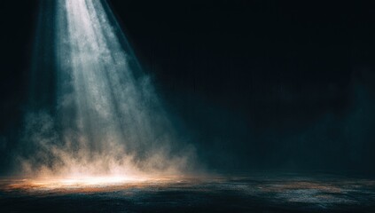 A single spotlight illuminates a dark, smoky floor, creating a dramatic, mysterious atmosphere with a warm glow at its center