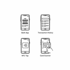 Set of four line-drawn icons showcasing banking concepts such as bank apps, transaction history, NFC payments, and card scanning