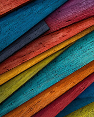 A vibrant display of colorful wooden planks arranged diagonally creating a textured background effect