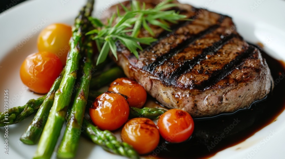 Poster a beautifully cooked steak served with a side of grilled asparagus and cherry tomatoes, elegantly pl