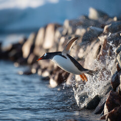 A gentoo penguin diving into the water with rocks and water splashing around it in antarctica