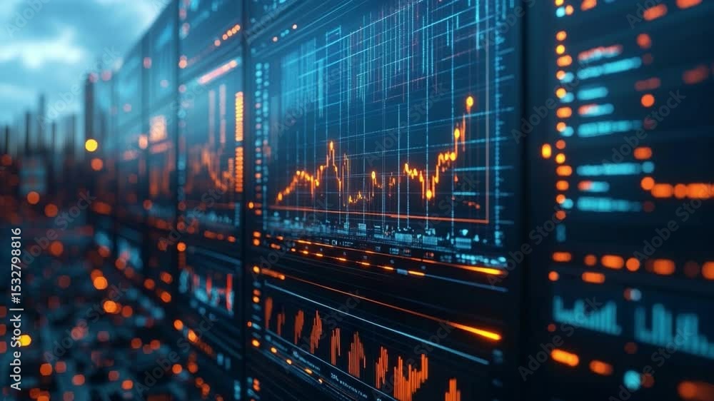 Poster Digital Financials: Data stream visualization with a futuristic digital design, showcasing financial data analytics and a global network connection. Captures technology.