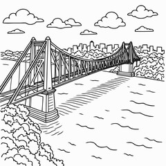 Howrah Bridge Kolkata Line Art Illustration, Detailed Black and White Drawing of Famous Cantilever Bridge over Hooghly River with Steel Truss Structure and City Skylin