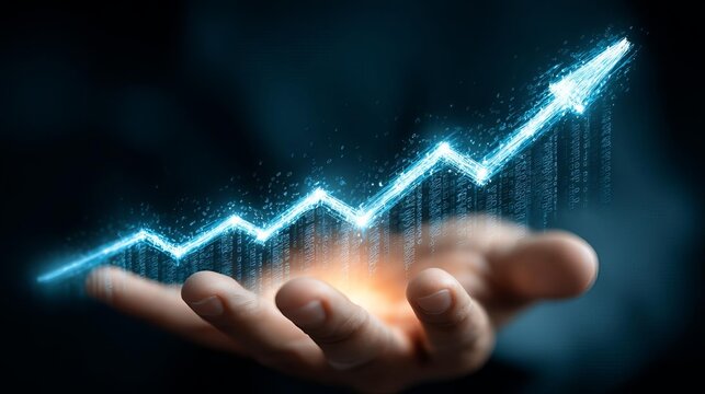 Debate Business Success Goal Target Digital Hand Graph with Growth Arrow and Data Flow Visualization