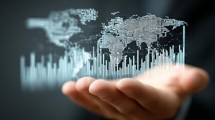 Debate Business Success Goal Target Digital World Map with Data Visualization Overlaid on Hand