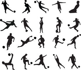 This soccer player icon set features vector and flat design illustrations showcasing various football action poses such as kicking, dribbling, passing, and goalkeeping.The icons are fully customizable