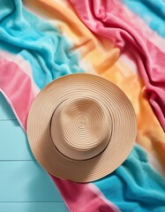 Top view of Summer hat on tie and dye towel on the neach with copy space. with copy space.  Generated image