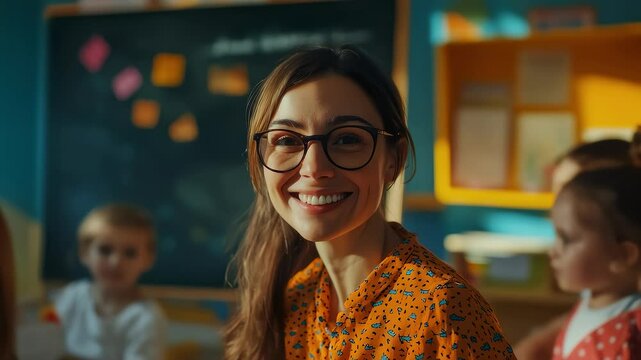 Smiling Teacher and Happy Children in Classroom