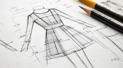 Fashion design sketches displayed on paper with pencils alongside in a workspace focusing on clothing creation