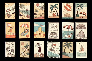 Set of vintage postage stamps and cards with floral designs in colorful collage style