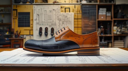 Shoe design displayed in a workshop showcasing craftsmanship and artistry in shoemaking