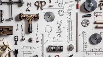 Obraz premium Collection of vintage tools and design elements on a white background showcasing craftsmanship and creativity