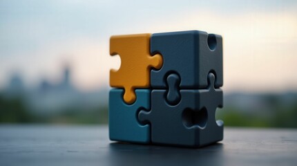 Solution Cube: A close-up shot of four puzzle pieces forming a small cube, two dark-colored and two light-colored, resting on a dark surface against a blurred cityscape background.