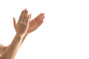 Close-up of female hands clapping against white background, expressing approval, appreciation, celebration, support, encouragement, recognition, positivity, and unity on transparent background