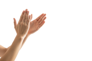 Close-up of female hands clapping against white background, expressing approval, appreciation, celebration, support, encouragement, recognition, positivity, and unity on transparent background