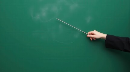 Hand Holding Pointer Stick Near Green Chalkboard 