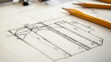 Detailed clothing design sketch showcasing technical measurements and precise lines in a creative workspace with tools