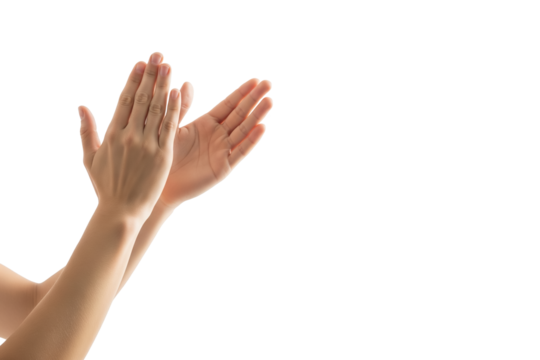 Close-up of female hands clapping against white background, expressing approval, appreciation, celebration, support, encouragement, recognition, positivity, and unity on transparent background