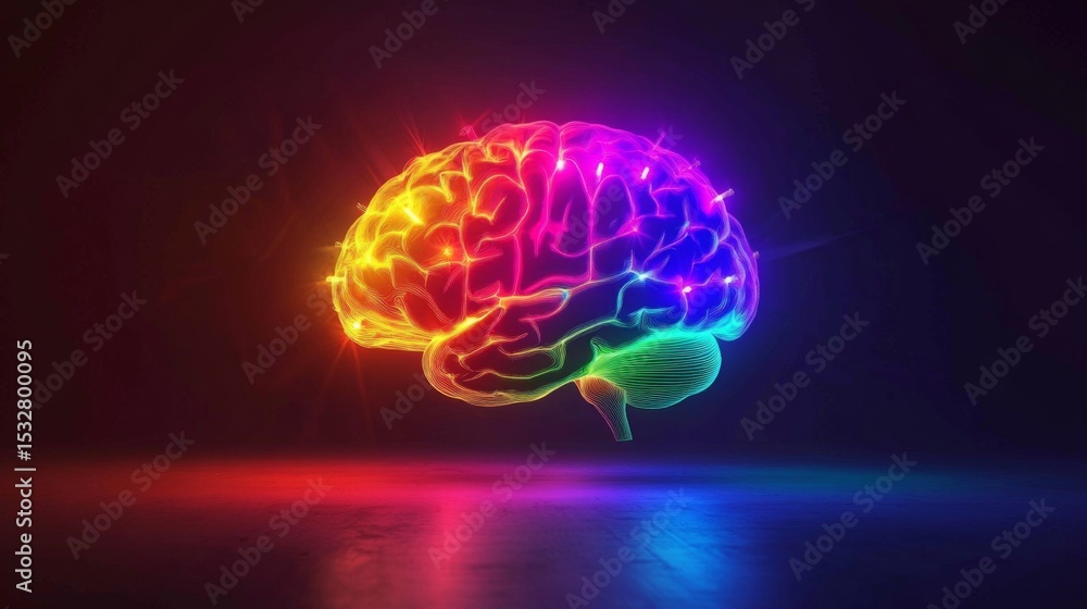 Aufkleber A captivating image of a brain illuminated by colorful lights, creating a dynamic effect that symbolizes creativity, innovation, and cognitive function.