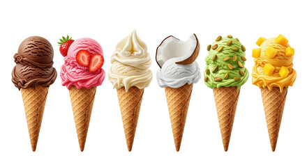 A delightful array of six ice cream cones, each boasting a unique and colorful flavor, small slices of fruit on top, lined up against a bright white backdrop on transparent background
