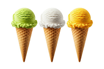 Three classic ice cream cones – pistachio, vanilla, mango – arranged in side by side shape, isolated on a white background