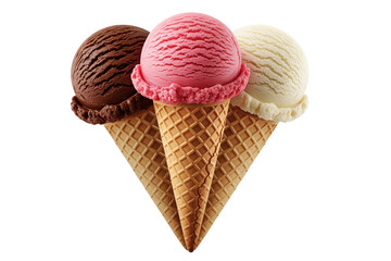 Three classic ice cream cones – chocolate, strawberry, and vanilla – arranged in a fan shape, isolated on transparent background