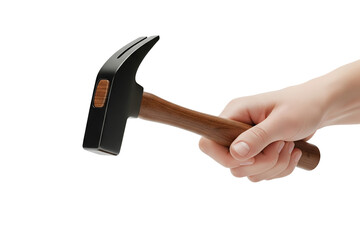 A female hand firmly grips a black and brown hammer, showcasing a strong woman using a common tool used for construction and household tasks on transparent background