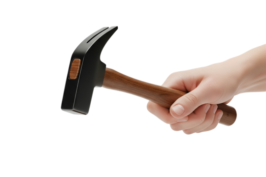 A female hand firmly grips a black and brown hammer, showcasing a strong woman using a common tool used for construction and household tasks on transparent background