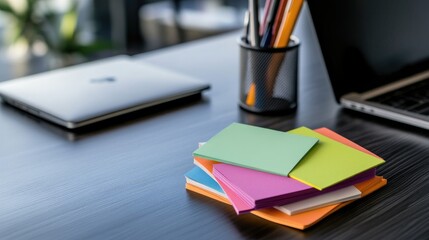A stack of colorful sticky notes rests on a dark desk alongside a laptop and pen holder, suggesting a workspace