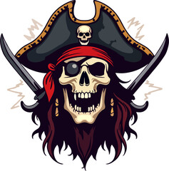 Vector Pirate Skull with Red Bandana, Tricorn Hat, and Swords