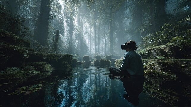 Immersive Virtual Reality Scene in Lush Green Forest Setting