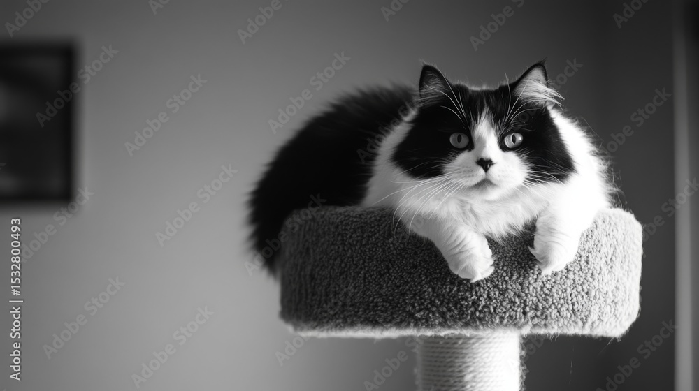Poster a chubby black-and-white cat perched on top of a cat tree, looking down with a regal expression, its