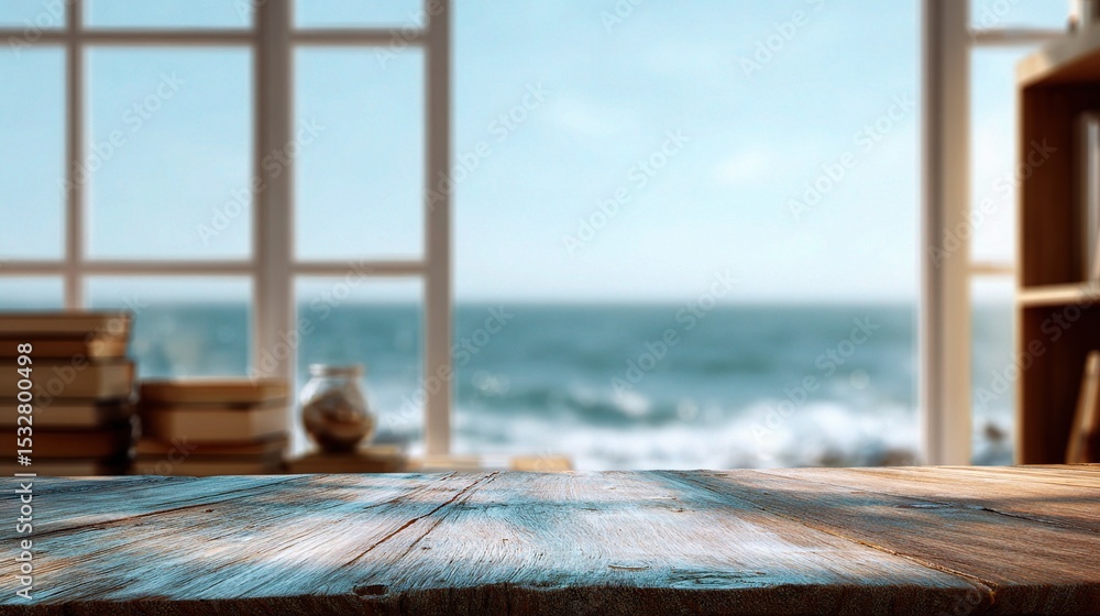 Poster ocean view through blurred library window with books and calm waves