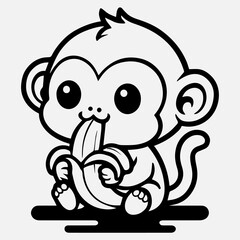 Chubby Monkey Nibbles Banana A charming, adorable, and playfully depicted monkey with a banana, crafted in a black and white illustrative style. Capturing a sense of innocence and cheerful delight.