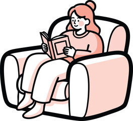 illustration in the soft life movement style, featuring a person relaxing in a comfy armchair, immersed in a book