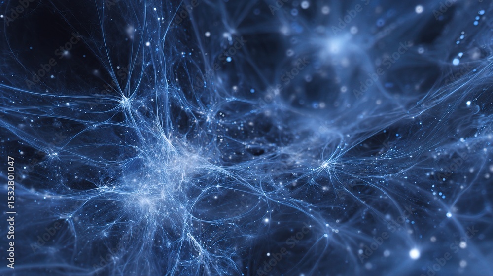 Poster abstract ai network in shades of blue with fractal patterns and depth