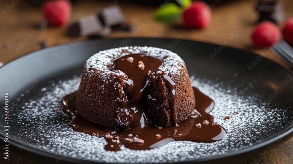 Poster a close-up of a chocolate lava cake with molten chocolate oozing from the center, served on a dark p