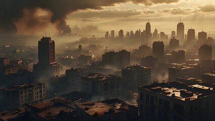 Naklejka premium Ruined Cityscape at Sunset Dark and Dramatic Aerial View of a Post Apocalyptic Urban Landscape