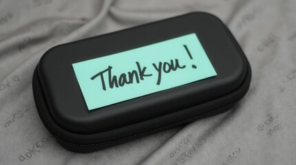 Appreciation Note on a Case: A simple "Thank You" message adorns a sleek black case, signifying gratitude.