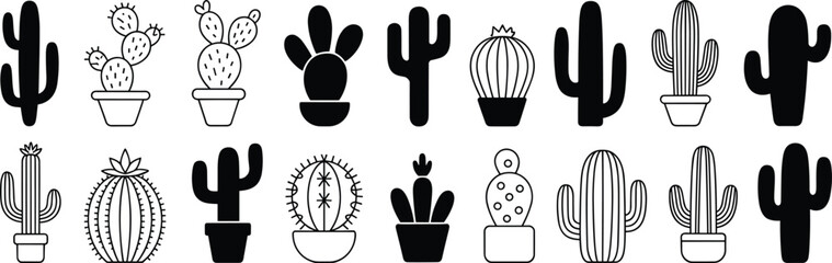 Collection of various cactus silhouettes in pots, black and white vector set featuring different cactus types, 