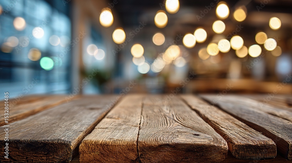 Poster rustic wood table surface with soft focus and bokeh background