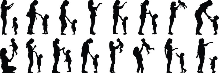 Mother and child silhouette collection of family love, bonding, parenting, tender moments, playful, happy moments, togetherness, joy, family care, playful connection