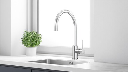 Sleek, chrome kitchen faucet mounted on a white countertop next to a small potted plant, situated in front of a bright window