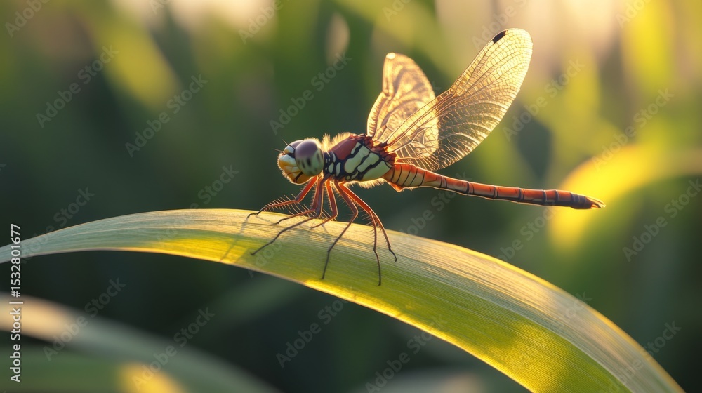 Aufkleber a close-up of a dragonfly perched on a leaf, with sunlight glinting off its wings and the leaf's sur