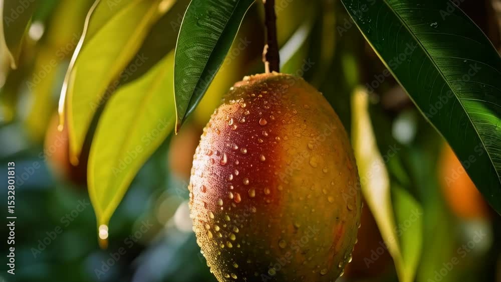Aufkleber gac fruit hangs on tree branch with water droplets, illuminated by sun creating bokeh and beautiful 