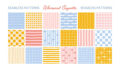 Bold Color Striped Backgrounds Simple Checkered Vector Seamless Patterns Set with Ribbon Bow Mediterranean Summer Travel Themed Design, Fabric Textile, Kitchen Decor. Illustrations Under Clipping Mask
